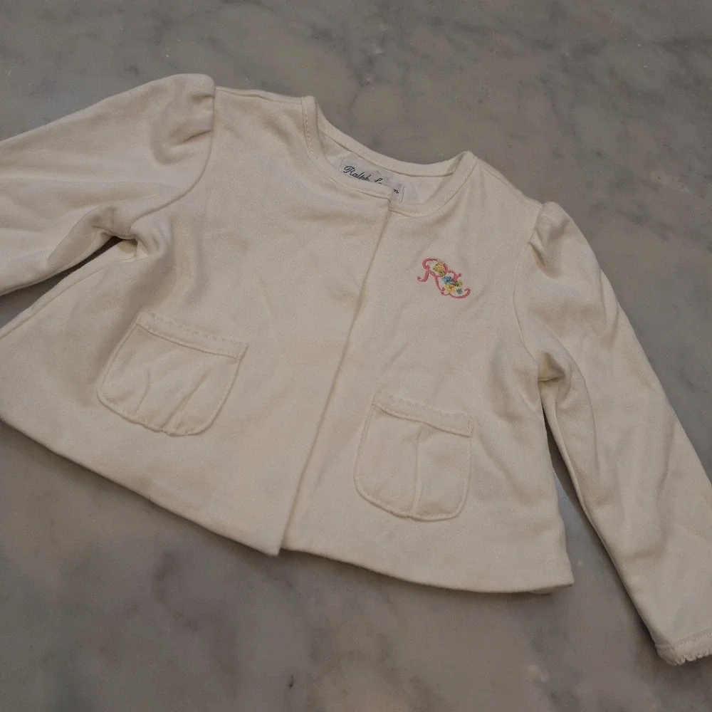 Ralph Lauren Cardigan Baby Sz 6M White‎ Floral RL Monogram Cotton Sweater Jacket